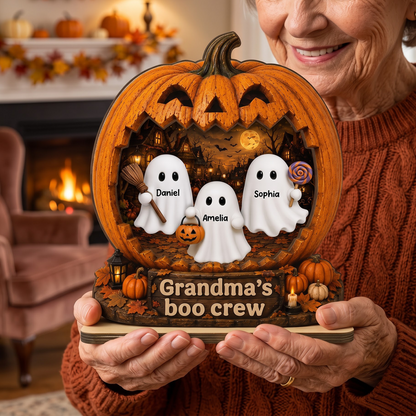 Spooky Halloween Pumpkin Grandma's Boo Crew - Personalized 2-Layered Wooden Plaque - Halloween Decor For Grandma