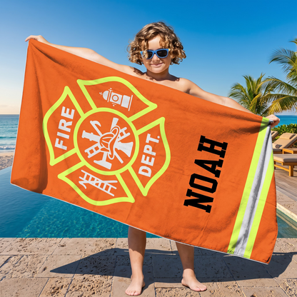 Personalized Firefighter Beach Towel with Name – Oversized Quick Dry Beach & Pool Towel, Father's Day Birthday Gift for Firefighter Dad