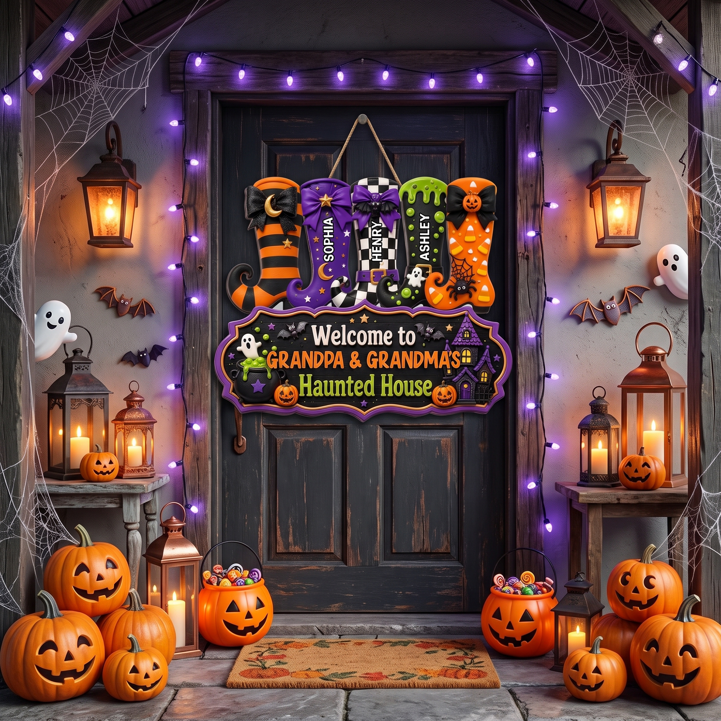 Whimsical Halloween Welcome To Grandma Grandpa Haunted House Witch Boots - Personalized Wood Sign - Halloween Decoration For Grandparents