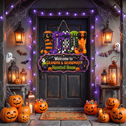 Whimsical Halloween Welcome To Grandma Grandpa Haunted House Witch Boots - Personalized Wood Sign - Halloween Decoration For Grandparents