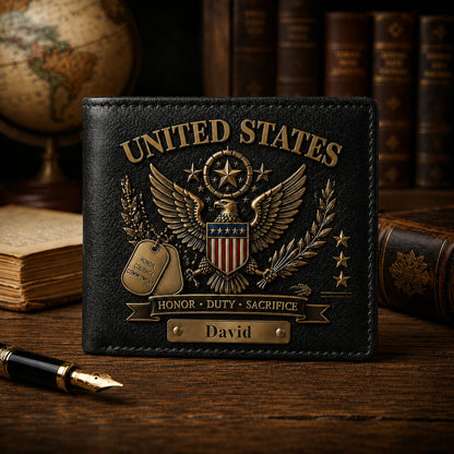 United States Veteran Personalized Wallet – Honor Duty Sacrifice Patriotic Eagle Custom Name Leather Wallet, Military Appreciation Gift