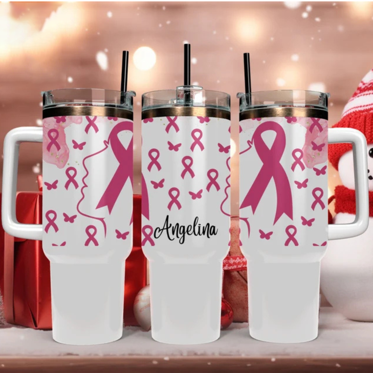 40oz Breast Cancer Awareness Tumbler, Pink Ribbon Survivor Water Bottle, Custom Name Cup