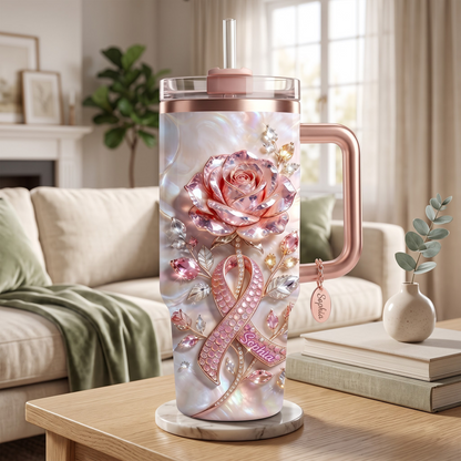 Personalized Breast Cancer Survivor Pink Ribbon Rhinestone 40 Oz Tumbler with Custom Name