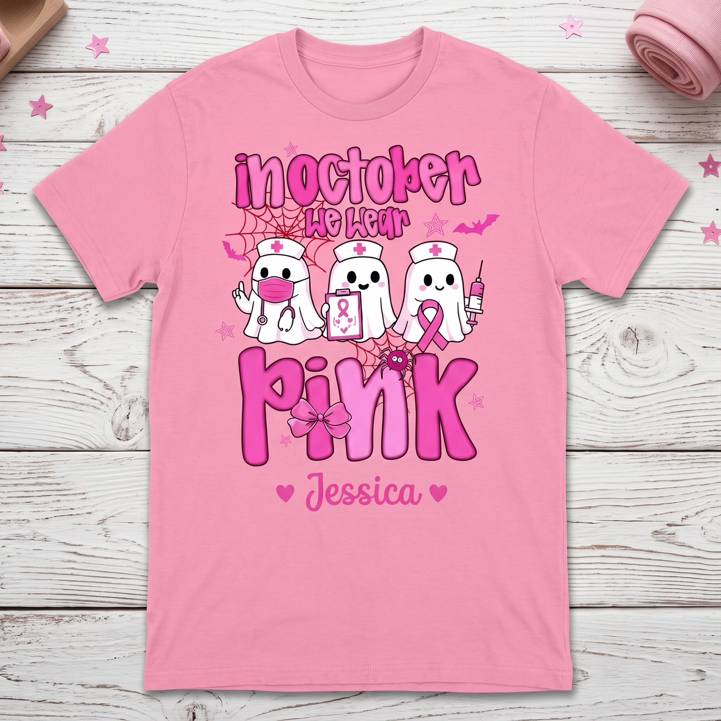 Personalized In October We Wear Pink Boo Nurse Breast Cancer Awareness T-Shirt – Cute Ghost Halloween Breast Cancer Shirt