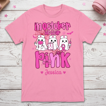 Personalized In October We Wear Pink Boo Nurse Breast Cancer Awareness T-Shirt – Cute Ghost Halloween Breast Cancer Shirt