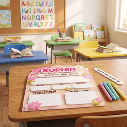 Daisy And Ribbon Theme 1St Day Of School Reusable - Personalized First Day School Sign