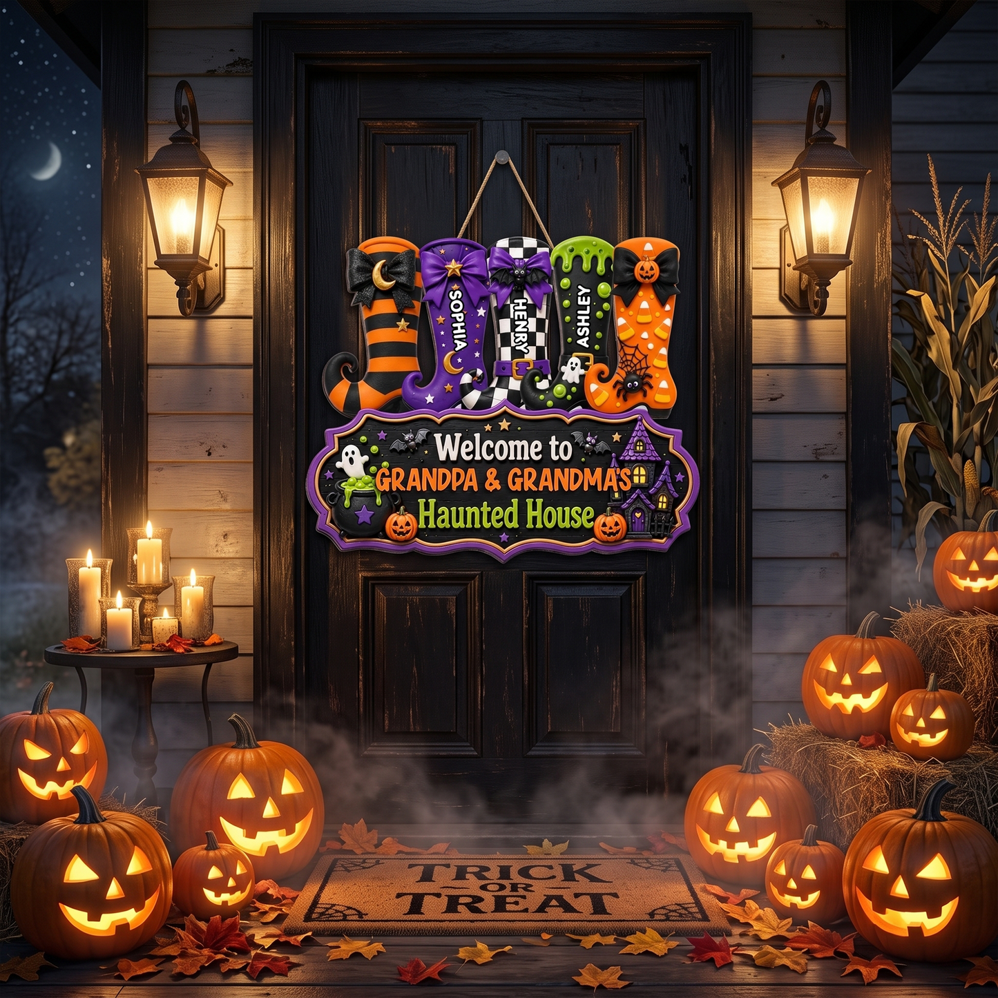 Whimsical Halloween Welcome To Grandma Grandpa Haunted House Witch Boots - Personalized Wood Sign - Halloween Decoration For Grandparents
