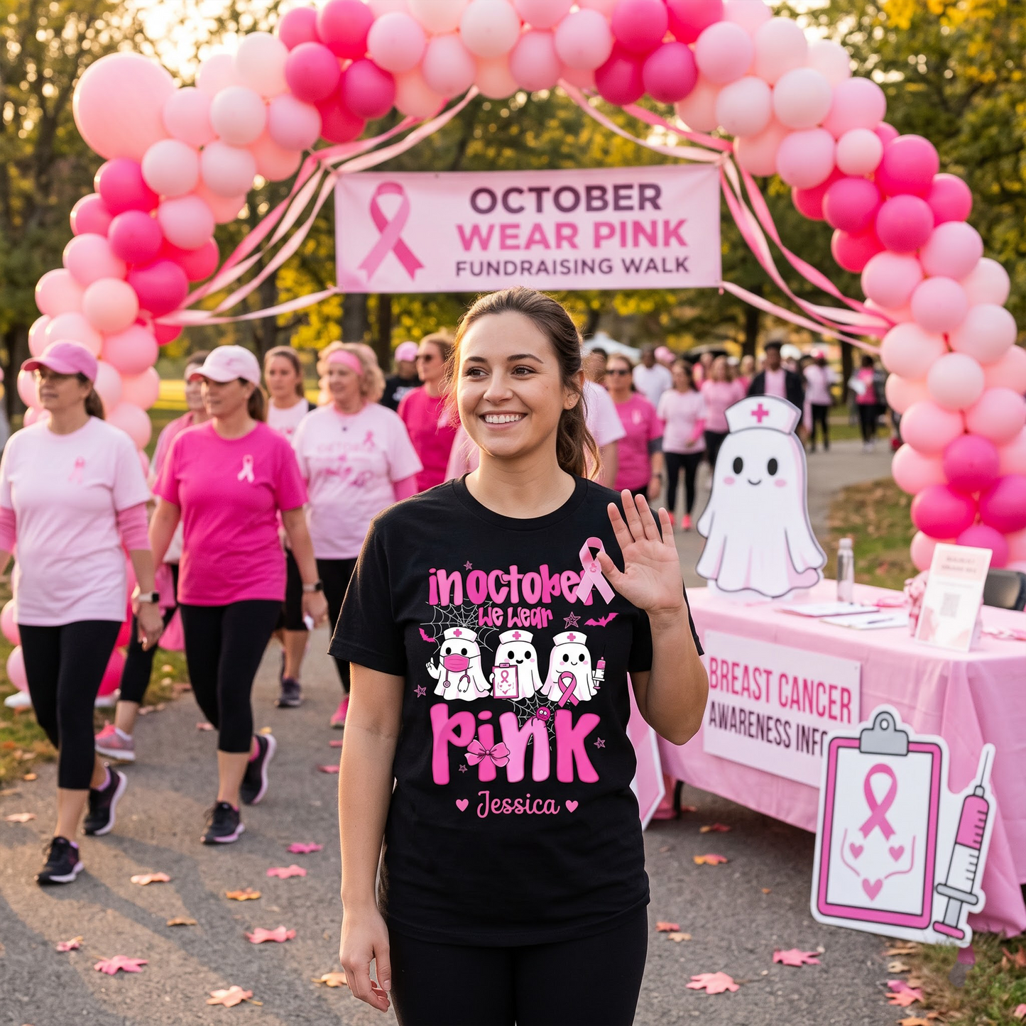 Personalized In October We Wear Pink Boo Nurse Breast Cancer Awareness T-Shirt – Cute Ghost Halloween Breast Cancer Shirt