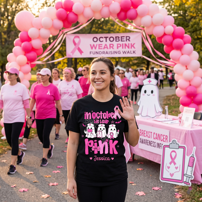 Personalized In October We Wear Pink Boo Nurse Breast Cancer Awareness T-Shirt – Cute Ghost Halloween Breast Cancer Shirt