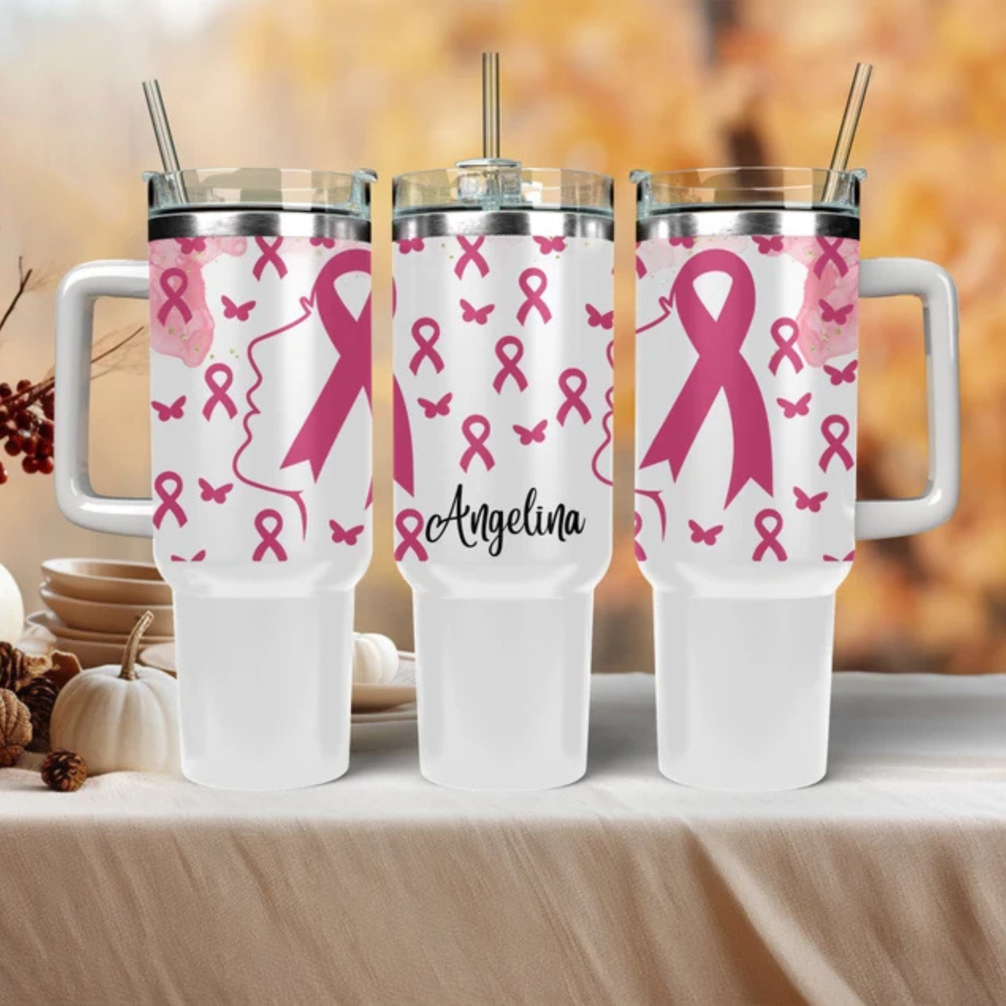 40oz Breast Cancer Awareness Tumbler, Pink Ribbon Survivor Water Bottle, Custom Name Cup