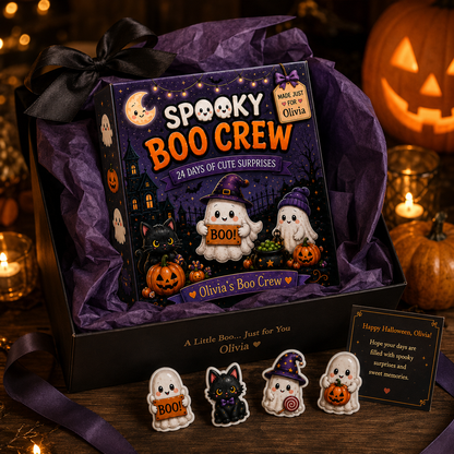 Personalized Spooky Boo Crew Halloween Advent Calendar – 24 Days of Cute Ghost Surprises, Custom Name Halloween Gift, Collectible Halloween Decor for Kids & Family