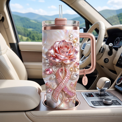 Personalized Breast Cancer Survivor Pink Ribbon Rhinestone 40 Oz Tumbler with Custom Name