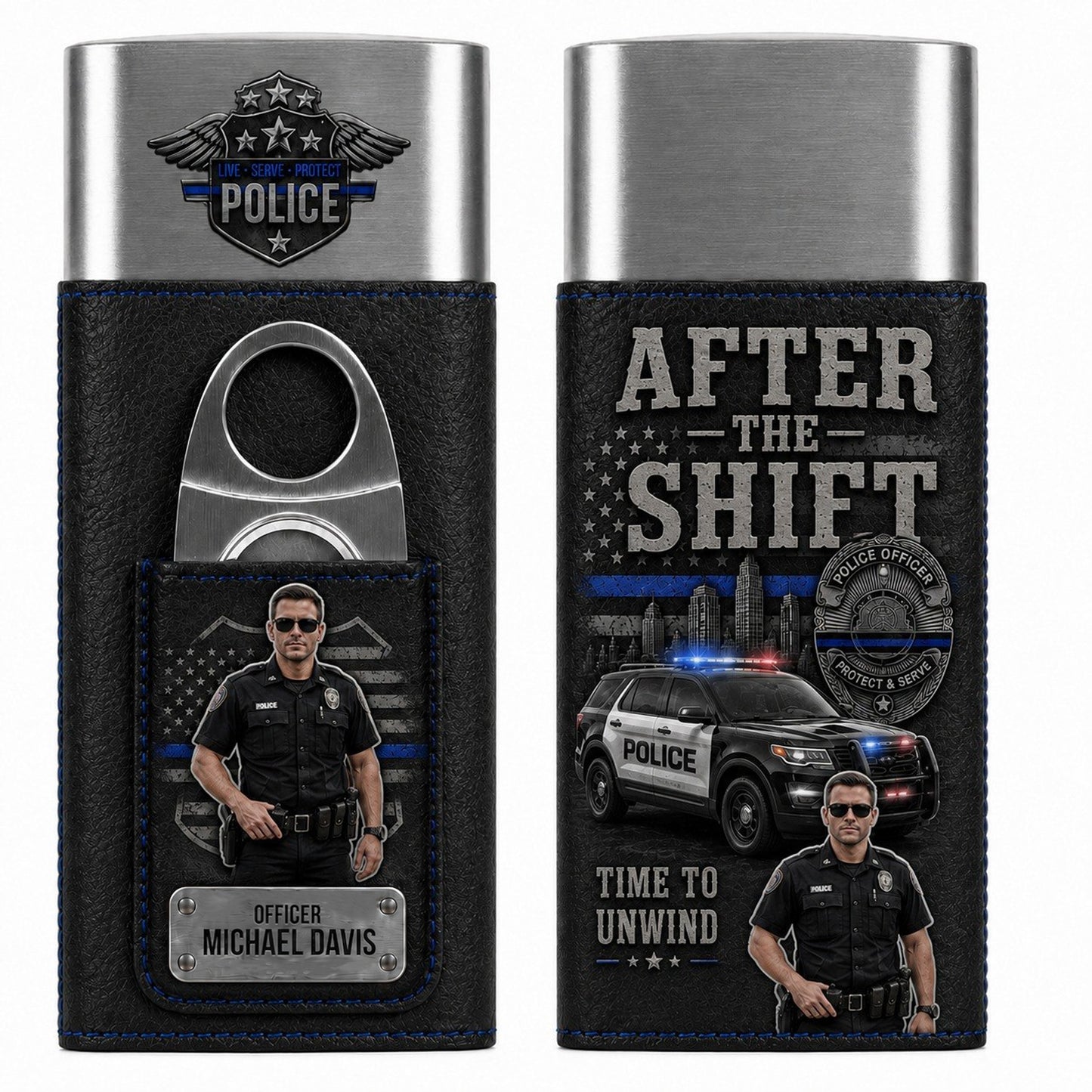 Personalized Police Officer Leather Travel Case With Custom Photo – Serve & Protect Gift For Him