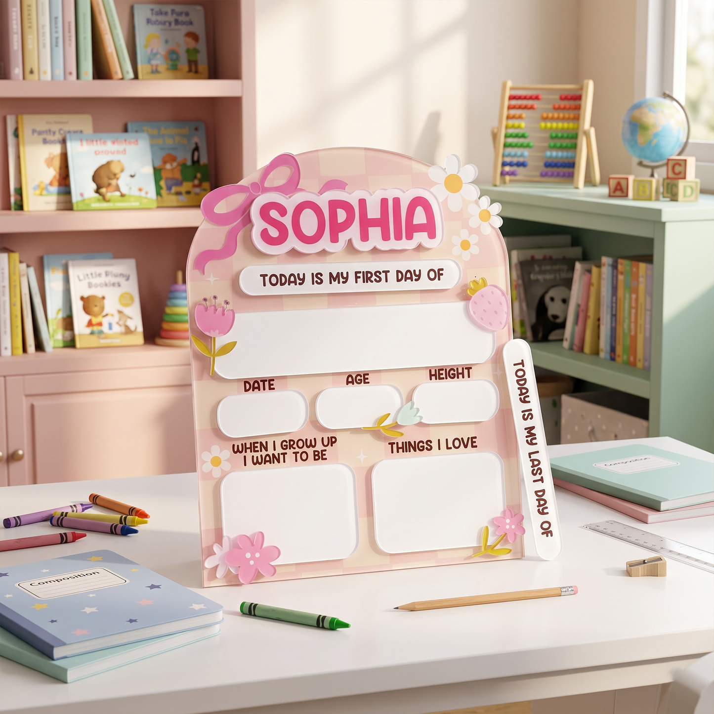Daisy And Ribbon Theme 1St Day Of School Reusable - Personalized First Day School Sign