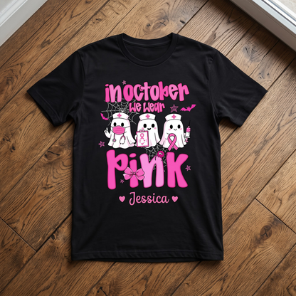 Personalized In October We Wear Pink Boo Nurse Breast Cancer Awareness T-Shirt – Cute Ghost Halloween Breast Cancer Shirt