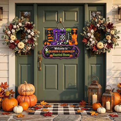Whimsical Halloween Welcome To Grandma Grandpa Haunted House Witch Boots - Personalized Wood Sign - Halloween Decoration For Grandparents