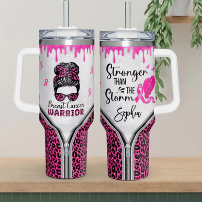 Breast Cancer Warrior Tumbler 40oz With Handle, Stronger Than The Storm 40oz Stainless Steel Tumbler With Lid and Straw, Cancer Fighter Cup