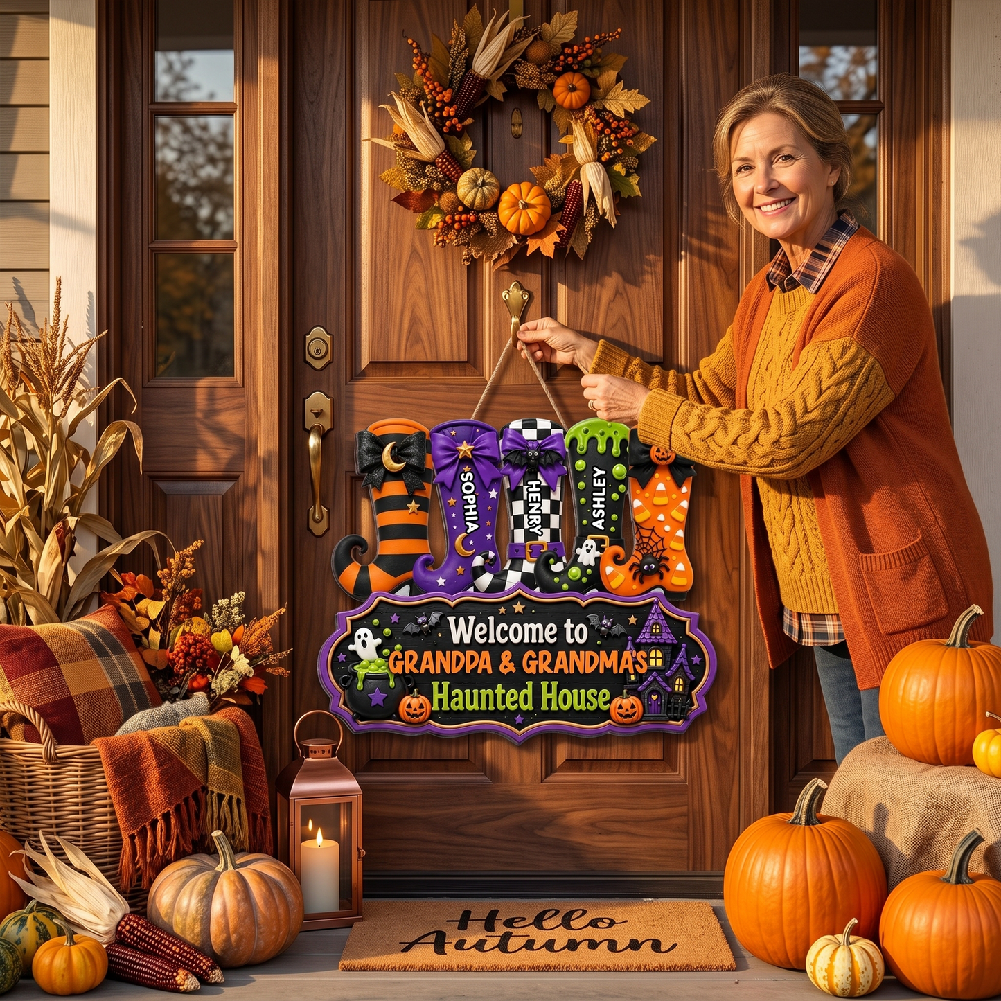 Whimsical Halloween Welcome To Grandma Grandpa Haunted House Witch Boots - Personalized Wood Sign - Halloween Decoration For Grandparents