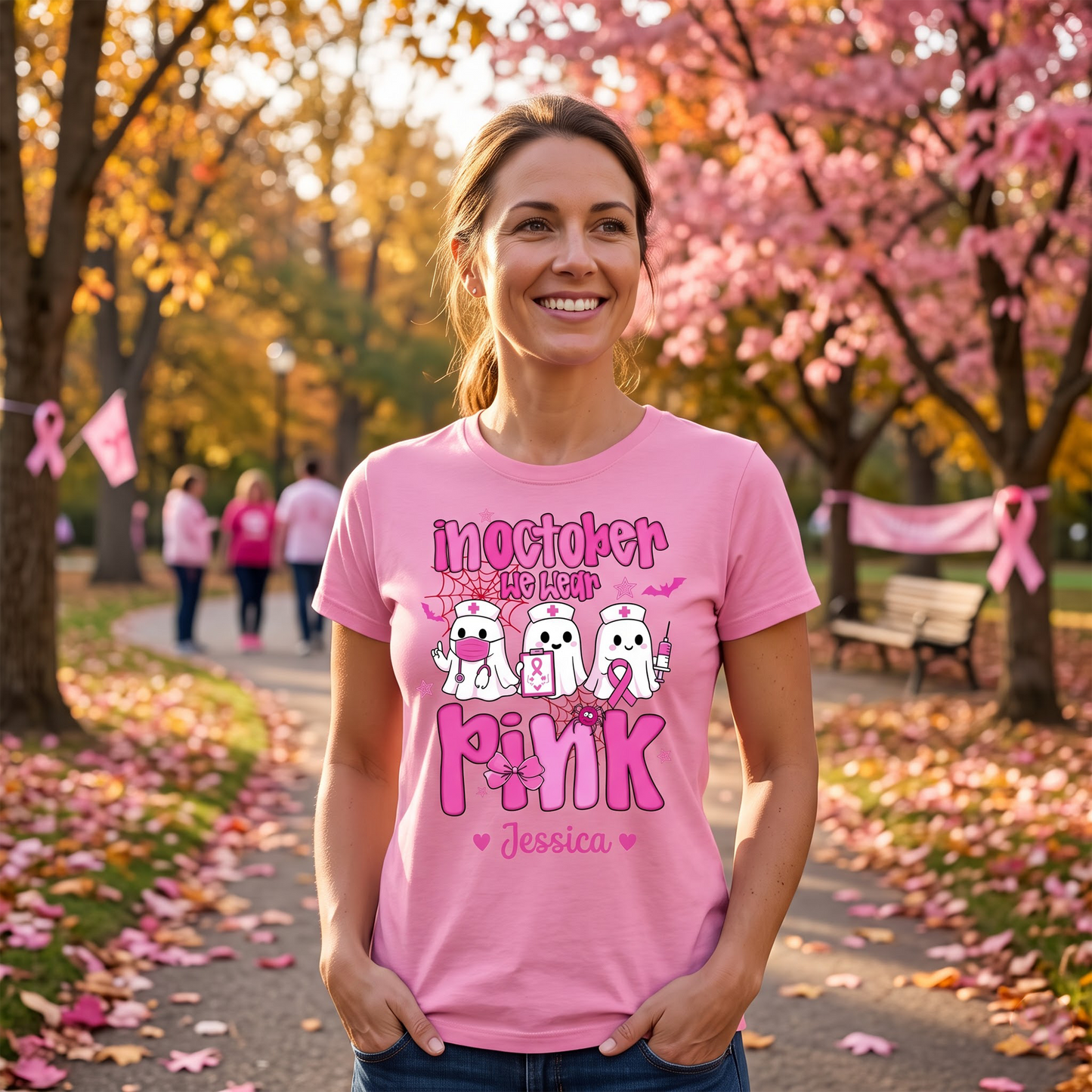 Personalized In October We Wear Pink Boo Nurse Breast Cancer Awareness T-Shirt – Cute Ghost Halloween Breast Cancer Shirt