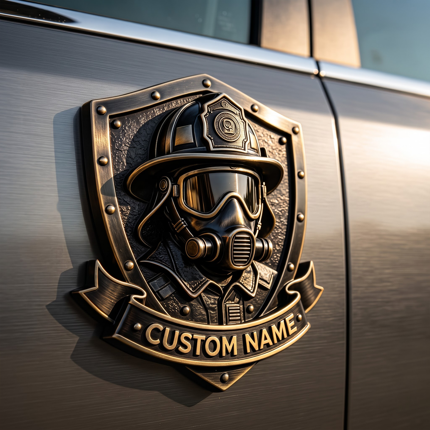 Personalized Firefighter Car Emblem with Name – Custom Firefighter Shield Auto Badge Gift for Firefighter Dad