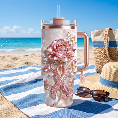 Personalized Breast Cancer Survivor Pink Ribbon Rhinestone 40 Oz Tumbler with Custom Name