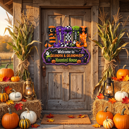 Whimsical Halloween Welcome To Grandma Grandpa Haunted House Witch Boots - Personalized Wood Sign - Halloween Decoration For Grandparents