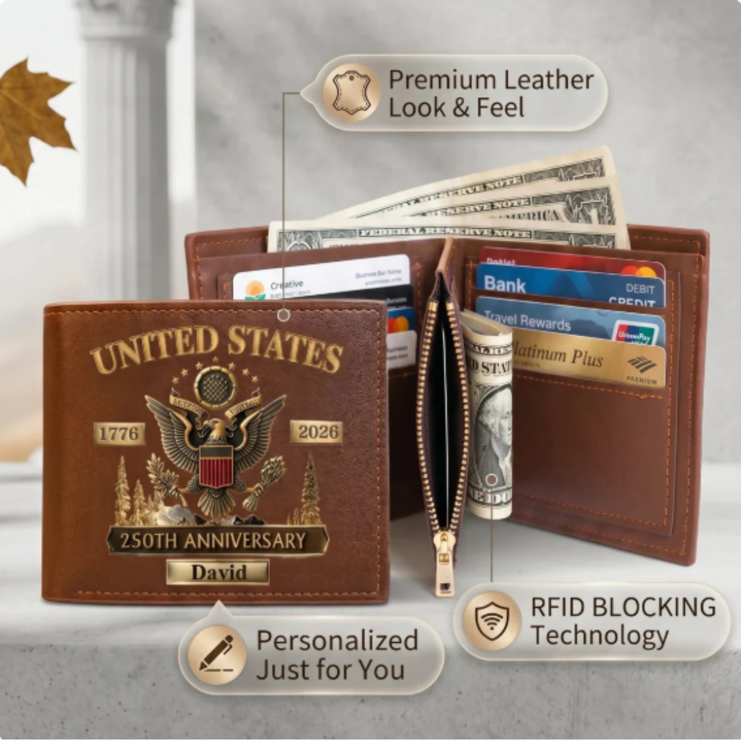 Personalized United States 250th Anniversary Leather Wallet
