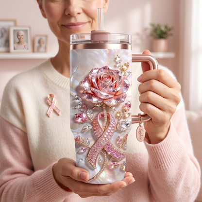 Personalized Breast Cancer Survivor Pink Ribbon Rhinestone 40 Oz Tumbler with Custom Name