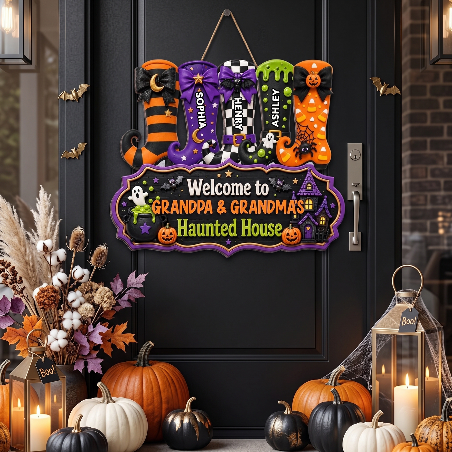 Whimsical Halloween Welcome To Grandma Grandpa Haunted House Witch Boots - Personalized Wood Sign - Halloween Decoration For Grandparents