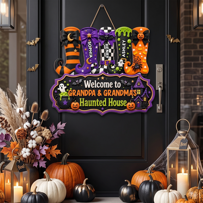 Whimsical Halloween Welcome To Grandma Grandpa Haunted House Witch Boots - Personalized Wood Sign - Halloween Decoration For Grandparents