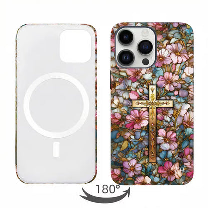 Personalized Cross Floral Stained Glass Phone Case with Letter for iPhone Anniversary Birthday Gift for Friend Family Woman