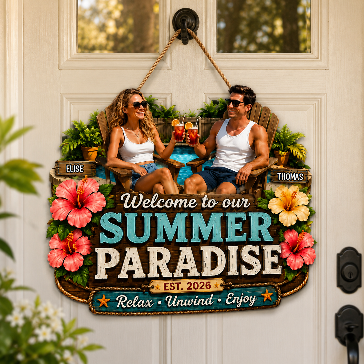 Summer Vibe Welcome To Our Poolside Paradise - Personalized Wood Sign - Gift For Couple, Summer Porch, Patio, Bar Decoration