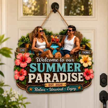 Summer Vibe Welcome To Our Poolside Paradise - Personalized Wood Sign - Gift For Couple, Summer Porch, Patio, Bar Decoration