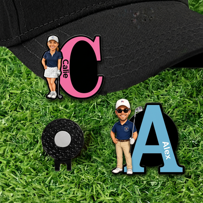 Personalised Cartoon Golf Character Golf Ball Marker with Magnetic Hat Clip and Name Birthday Game Day Gift for Golf Players Lovers
