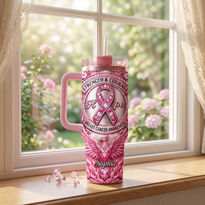 Personalized Breast Cancer Awareness 40oz Tumbler With Handle – Custom Name Pink Ribbon Hope Strength & Courage Insulated Travel Mug