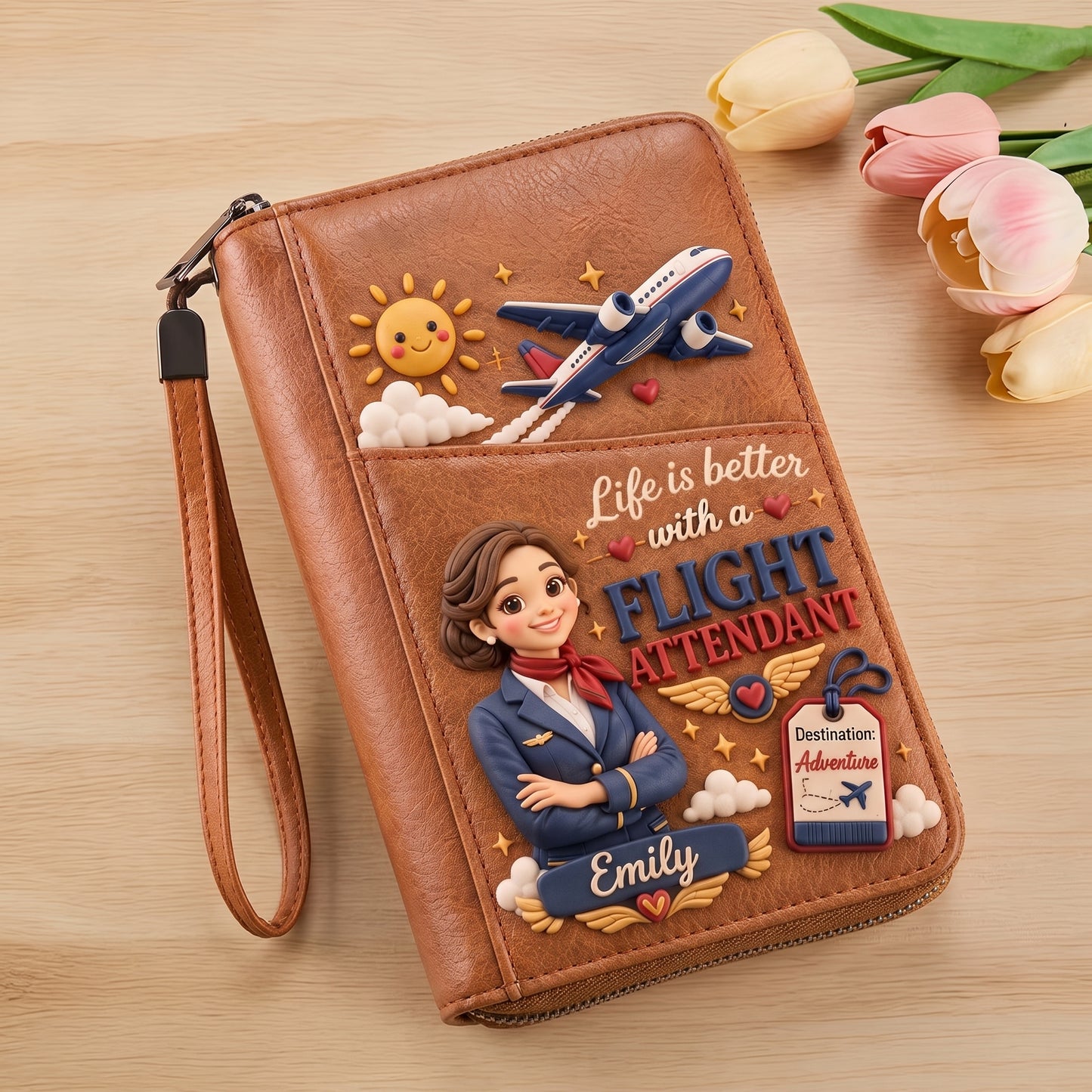 Personalized Flight Attendant Travel Wallet – Custom Name Passport & Document Organizer, Aviation-Themed Gift for Cabin Crew
