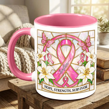 Hope Strength Survivor - Personalized Breast Cancer Awareness Accent Mug