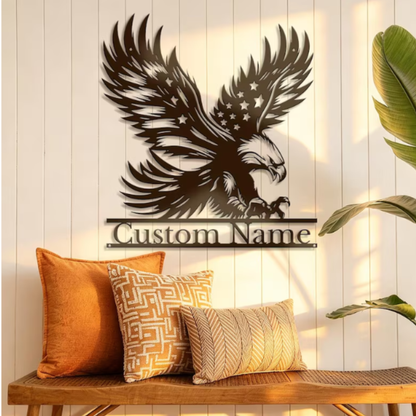 Personalized Eagle Metal Wall Decor, Eagle US Flag Sign, Custom Last Name Bald Eagle Wall Art