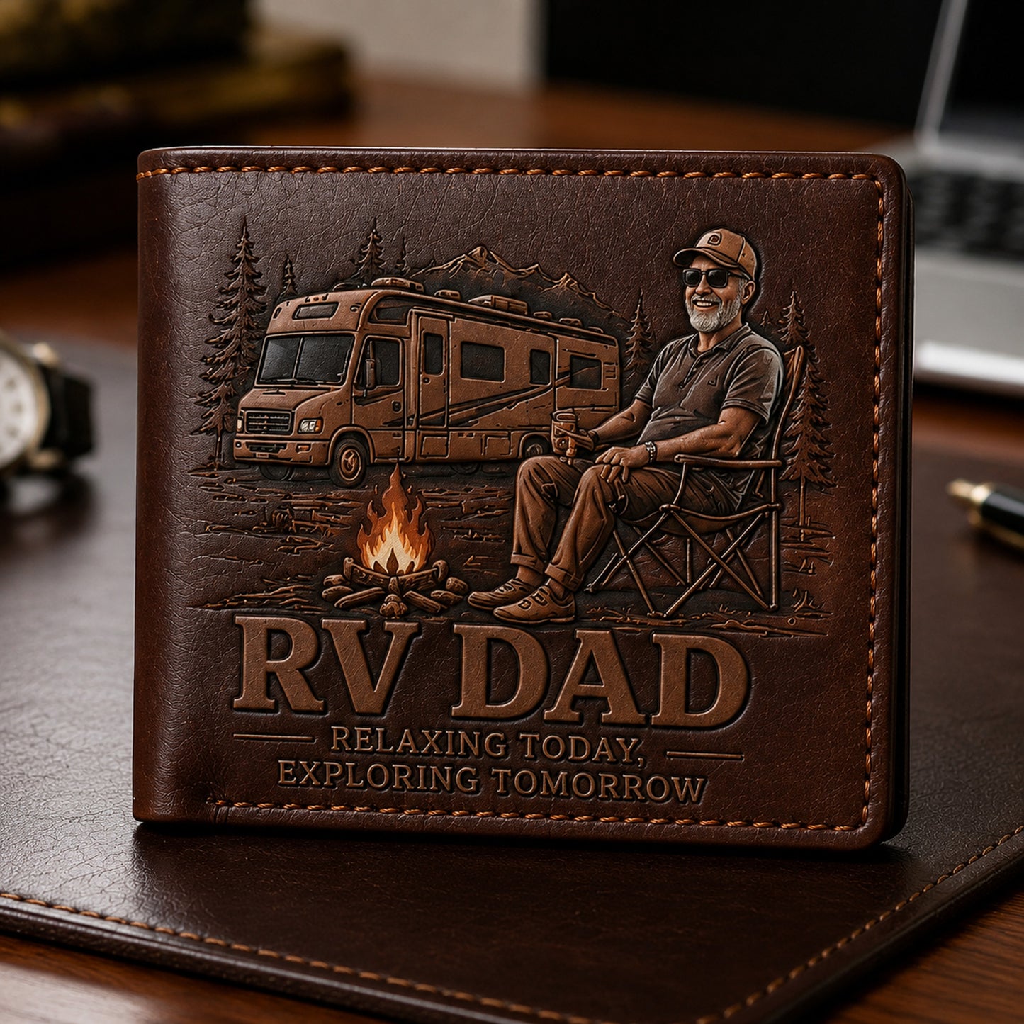 Personalized RV Dad Leather Wallet – Custom Camping Gift for Father, Adventure Lover & Road Trip Dad