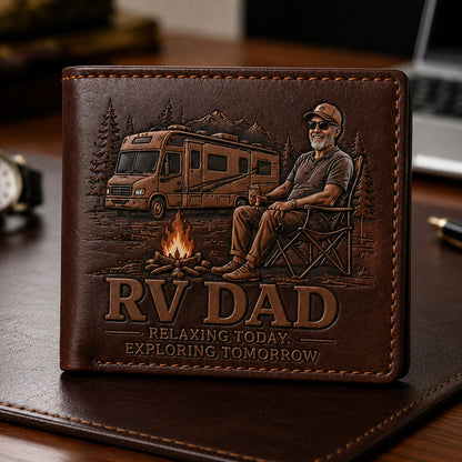 Personalized RV Dad Leather Wallet – Custom Camping Gift for Father, Adventure Lover & Road Trip Dad