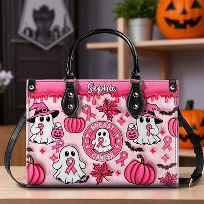 Custom Name Spooky Breast Cancer Awareness Ghost - Personalized 3D Inflated Leather PU Handbag