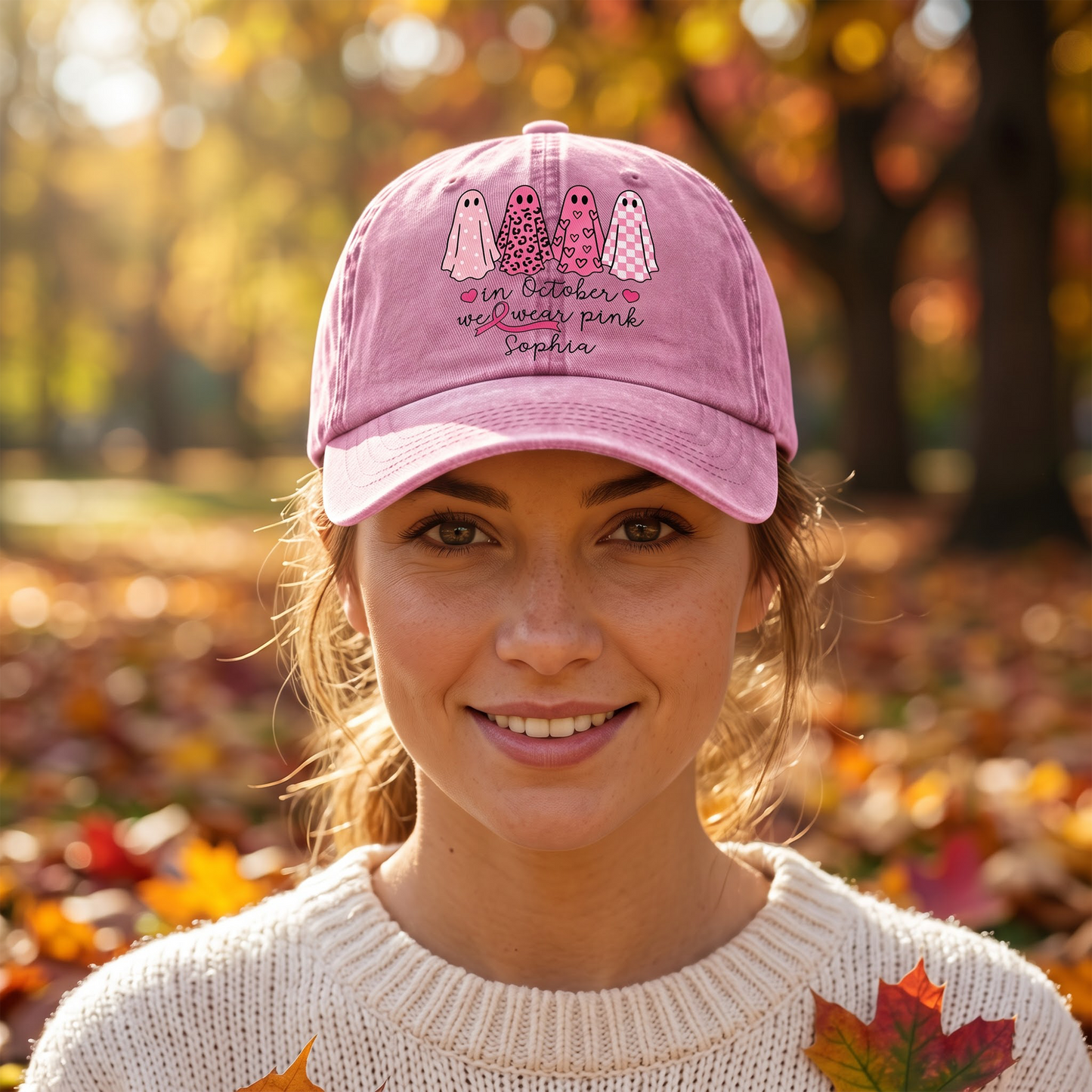 Custom Breast Cancer Distressed Washed Cotton Printed Hat , In October We Wear Pink Ghost Hat, Cancer Support Hat, Cancer Awareness Shirt, Cancer Fighter Gifts