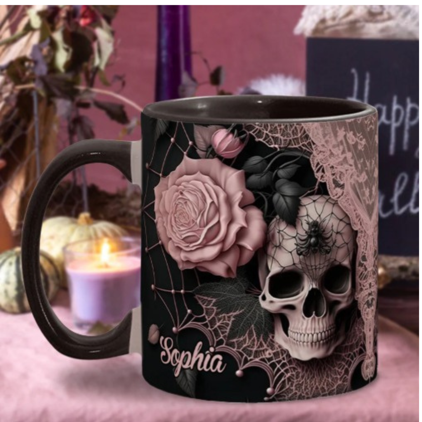 Personalized Gothic Skull Mug with Custom Name, Dark Aesthetic Pink Rose Coffee Cup, Spooky Goth Gift for Her, 11oz 15oz Accent Mug