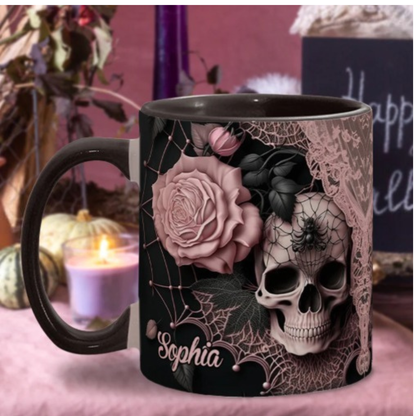 Personalized Gothic Skull Mug with Custom Name, Dark Aesthetic Pink Rose Coffee Cup, Spooky Goth Gift for Her, 11oz 15oz Accent Mug