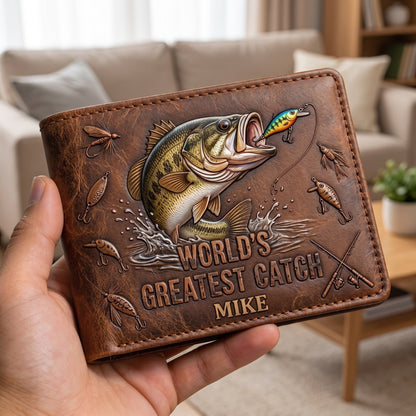 World's Greatest Catch - Personalized Fishing Dad Leather Wallet