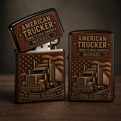 Personalized American Trucker Leather-Style Flip-Top Lighter – Custom Name Born to Roll Truck Driver Gift