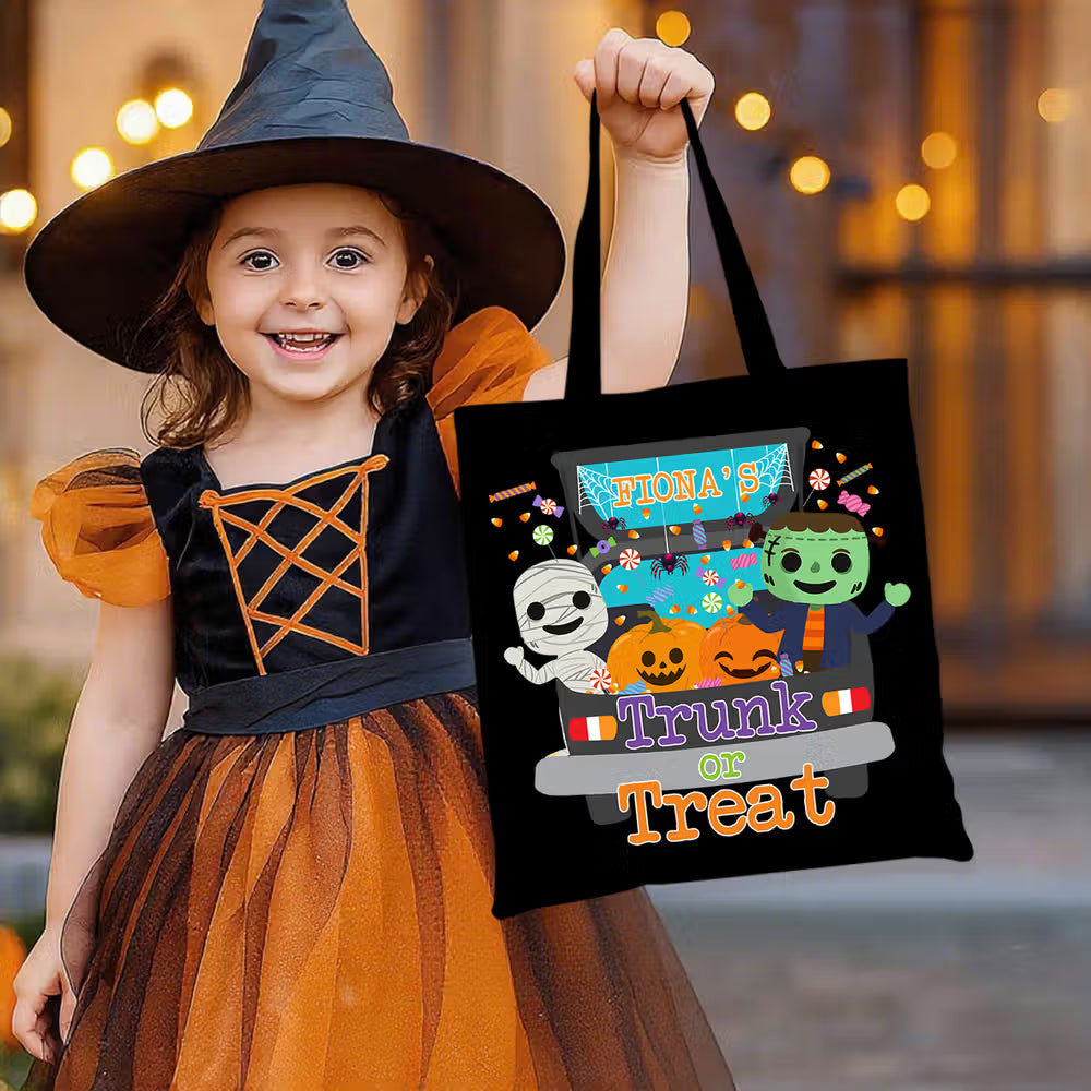Personalized Halloween Theme Style Monster Pumpkin Sweets Canvas Bag with Name Halloween Gift for Kids