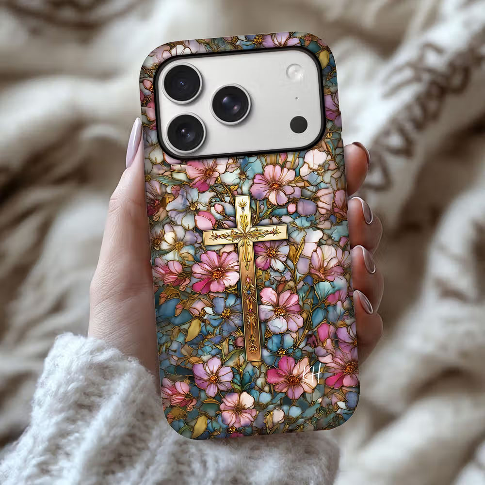 Personalized Cross Floral Stained Glass Phone Case with Letter for iPhone Anniversary Birthday Gift for Friend Family Woman