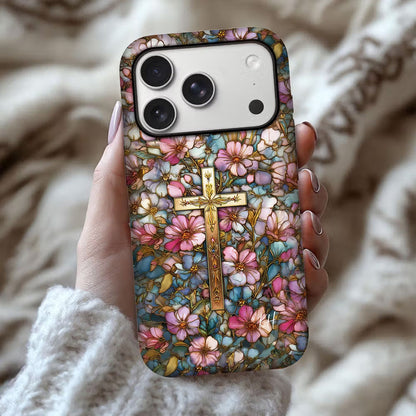 Personalized Cross Floral Stained Glass Phone Case with Letter for iPhone Anniversary Birthday Gift for Friend Family Woman