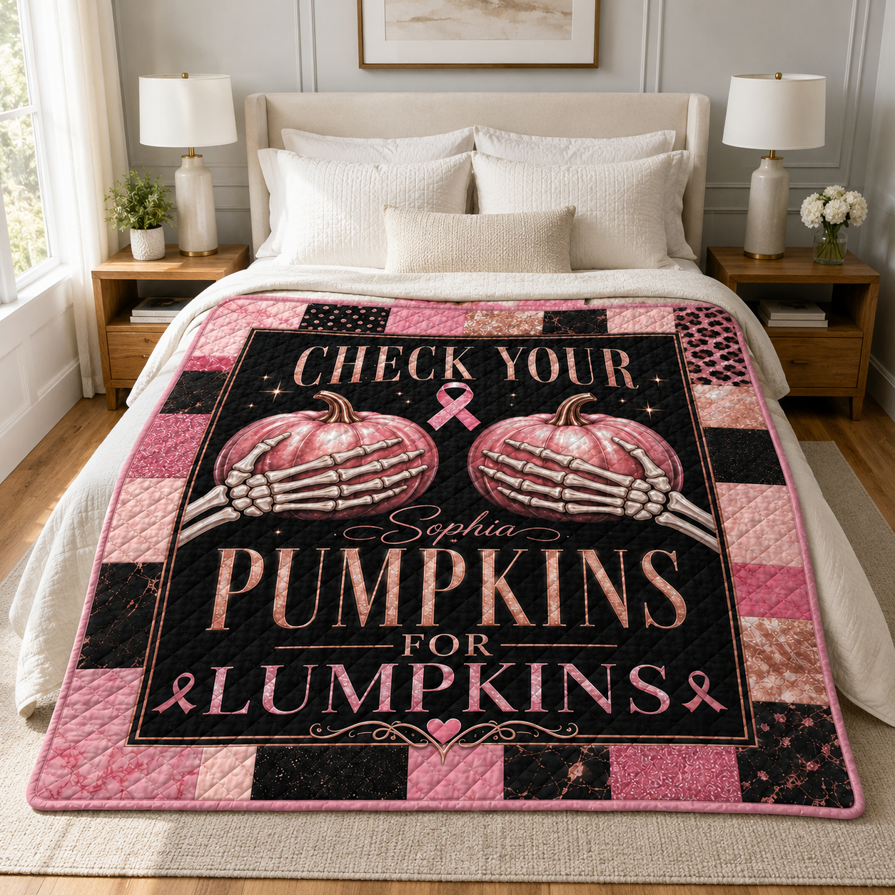 Custom Check Your Pumpkins Quilt Breast Cancer